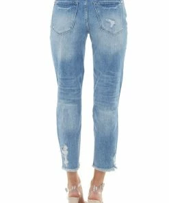 American Fit Medium Wash High Rise Boyfriend Jeans With Frayed Hem