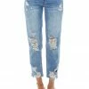 American Fit Medium Wash High Rise Boyfriend Jeans With Frayed Hem