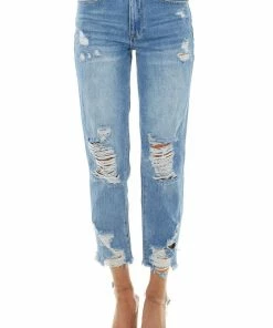 American Fit Medium Wash High Rise Boyfriend Jeans With Frayed Hem
