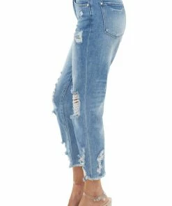 American Fit Medium Wash High Rise Boyfriend Jeans With Frayed Hem