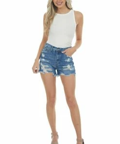 American Fit Medium Wash High Rise Distressed Denim Shorts