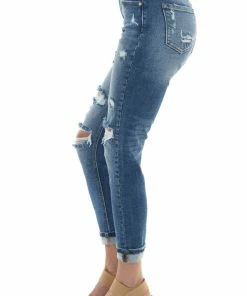 KanCan Medium Wash High Rise Distressed Mom Fit Jeans