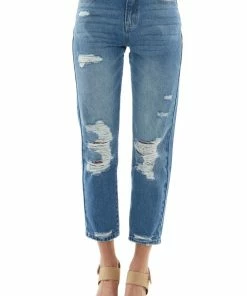 KanCan Medium Wash High Rise Distressed Mom Jeans