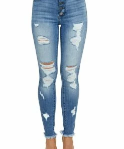 KanCan Bottoms Medium Wash High Rise Distressed Skinny Jeans With Fray