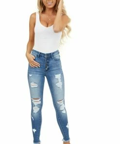 KanCan Bottoms Medium Wash High Rise Distressed Skinny Jeans With Fray