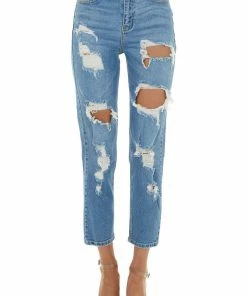 Cello Jeans Bottoms Medium Wash High Rise Distressed Straight Leg Jeans