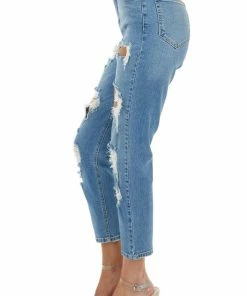 Cello Jeans Bottoms Medium Wash High Rise Distressed Straight Leg Jeans