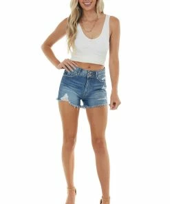 KanCan Bottoms Medium Wash High Rise Double Button Shorts With Frayed Hem