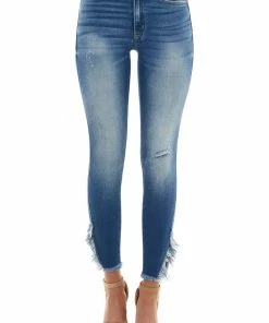 KanCan Medium Wash High Rise Frayed Hem Skinny Jeans Bottoms