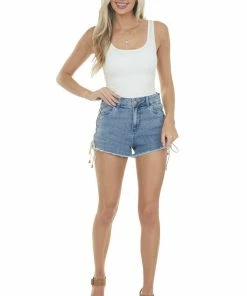 Easel Bottoms Medium Wash High Rise Lace Up Denim Shorts
