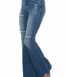Special A Medium Wash High Rise Raw Cut Hem Flare Jeans