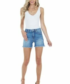 KanCan Medium Wash High Rise Shorts With Frayed Hem Detail Bottoms