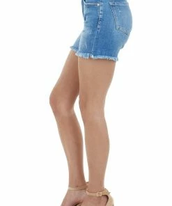 KanCan Medium Wash High Rise Shorts With Frayed Hem Detail Bottoms