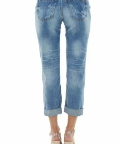 Special A Medium Wash Mid Rise Distressed Jeans With Rolled Cuffs Bottoms