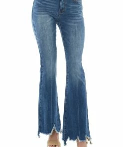Special A Bottoms Medium Wash Mid Rise Flare Cut Raw Hem Jeans