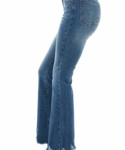 Special A Bottoms Medium Wash Mid Rise Flare Cut Raw Hem Jeans