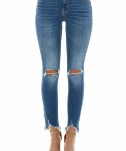 Vervet Bottoms Medium Wash Mid Rise Frayed Hem Skinny Jeans