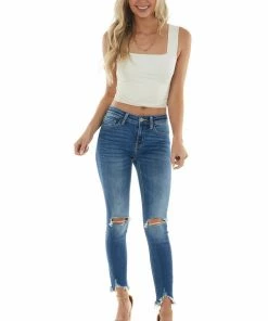 Vervet Bottoms Medium Wash Mid Rise Frayed Hem Skinny Jeans