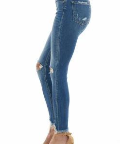Vervet Bottoms Medium Wash Mid Rise Frayed Hem Skinny Jeans