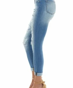 KanCan Medium Wash Mid Rise Heavily Distressed Jeans Bottoms