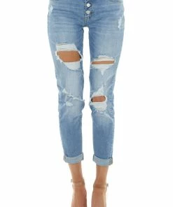 American Fit Bottoms Medium Wash Mid Rise Relaxed Fitted Distressed Denim Jeans