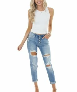American Fit Bottoms Medium Wash Mid Rise Relaxed Fitted Distressed Denim Jeans