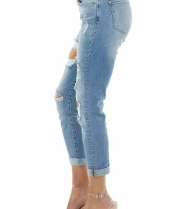 American Fit Bottoms Medium Wash Mid Rise Relaxed Fitted Distressed Denim Jeans