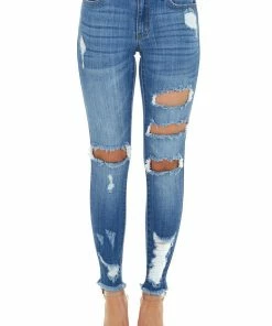 KanCan Medium Wash Mid Rise Skinny Distressed Jeans With Frayed Hem