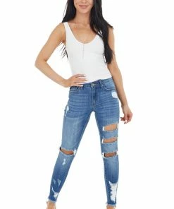 KanCan Medium Wash Mid Rise Skinny Distressed Jeans With Frayed Hem