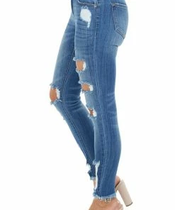 KanCan Medium Wash Mid Rise Skinny Distressed Jeans With Frayed Hem