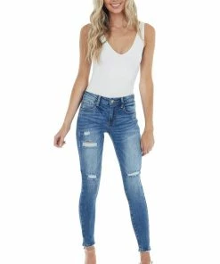 Special A Bottoms Medium Wash Mid Rise Skinny Jean With Light Distressing