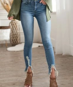 Special A Medium Wash Ripped Hem Mid Rise Skinny Jeans Bottoms