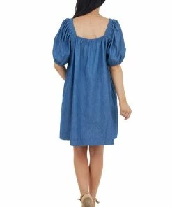 Flying Monkey Medium Wash Short Bubble Sleeve Dress With Square Neckline