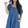 Flying Monkey Medium Wash Short Bubble Sleeve Dress With Square Neckline