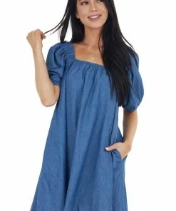 Flying Monkey Medium Wash Short Bubble Sleeve Dress With Square Neckline