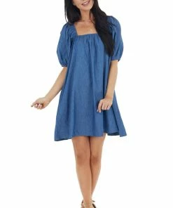 Flying Monkey Medium Wash Short Bubble Sleeve Dress With Square Neckline