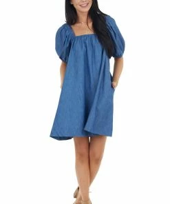 Flying Monkey Medium Wash Short Bubble Sleeve Dress With Square Neckline