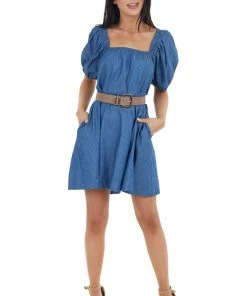 Flying Monkey Medium Wash Short Bubble Sleeve Dress With Square Neckline