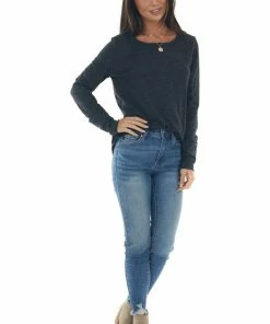 BiBi Tops Melange Black Long Sleeve Thumb Hole Knit Top