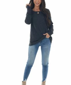 BiBi Tops Melange Black Long Sleeve Thumb Hole Knit Top