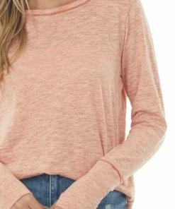 BiBi Tops Melange Coral Long Sleeve Thumb Hole Knit Top
