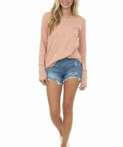BiBi Tops Melange Coral Long Sleeve Thumb Hole Knit Top