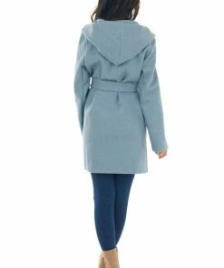 Style Melody Melange Powder Blue Hooded Brushed Knit Coat Outerwear
