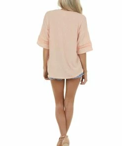 CY Fashion Tops Melon Drop Sleeve Stretchy Knit Top With Crochet Details