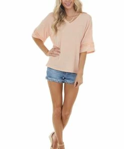 CY Fashion Tops Melon Drop Sleeve Stretchy Knit Top With Crochet Details