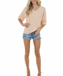 CY Fashion Tops Melon Drop Sleeve Stretchy Knit Top With Crochet Details