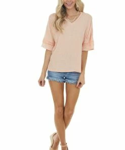 CY Fashion Tops Melon Drop Sleeve Stretchy Knit Top With Crochet Details
