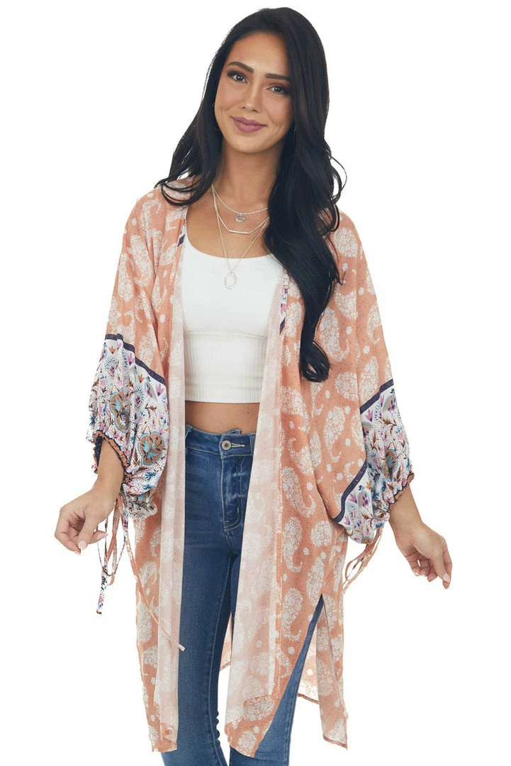 Entro Tops Melon Floral Paisley Print 1/2 Sleeve Kimono 5 Entro Tops Melon Floral Paisley Print 1/2 Sleeve Kimono