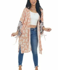 Entro Tops Melon Floral Paisley Print 1/2 Sleeve Kimono 20 Entro Tops Melon Floral Paisley Print 1/2 Sleeve Kimono