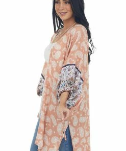 Entro Tops Melon Floral Paisley Print 1/2 Sleeve Kimono 21 Entro Tops Melon Floral Paisley Print 1/2 Sleeve Kimono